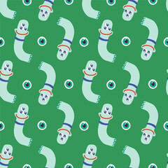 Colorful seamless pattern with cute aliens oa a green background