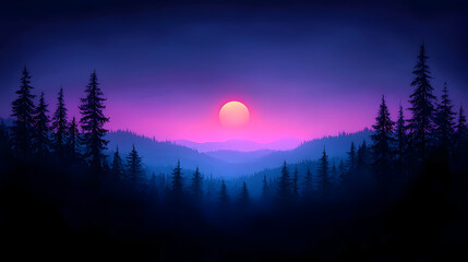 Fototapeta premium Pixel Sunset Over Silhouette Mountains and Forest