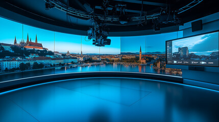 tv broadcast studio with large screen blue tone 