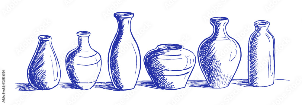 Poster curved vases displayed in a whimsical chalk doodle representing mediterranean coquette elements in l