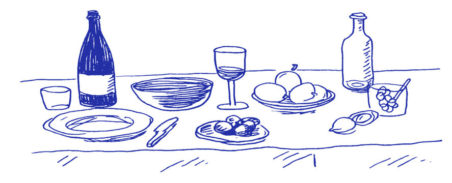 A whimsical Mediterranean dinner table showcases a variety of doodled elements. The table features drinks, fresh fruits, and a charming arrangement, evoking a coquette atmosphere.
