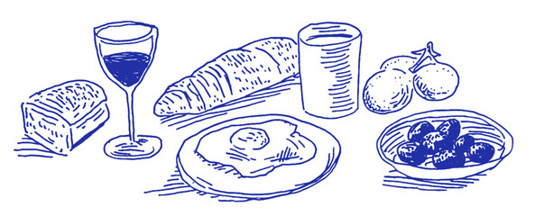 Mediterranean breakfast spread featuring whimsical doodles of food elements and drinks