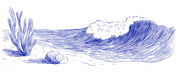 Creative doodle of a Mediterranean coastline with whimsical waves and coastal elements drawn in crayon and chalk