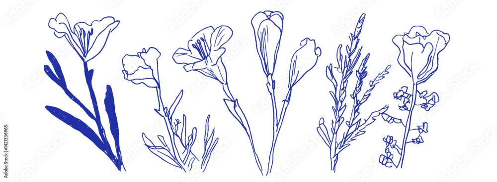 Aufkleber elegant linear doodles of mediterranean flowers in crayon and chalk create a whimsical coquette desi