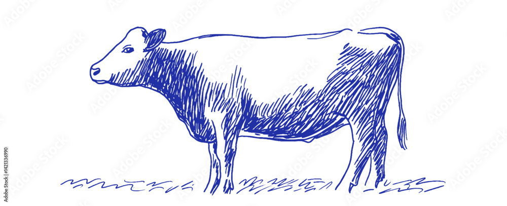 Poster whimsical linear doodle of a cow among mediterranean elements in an odd crayon style that showcases 