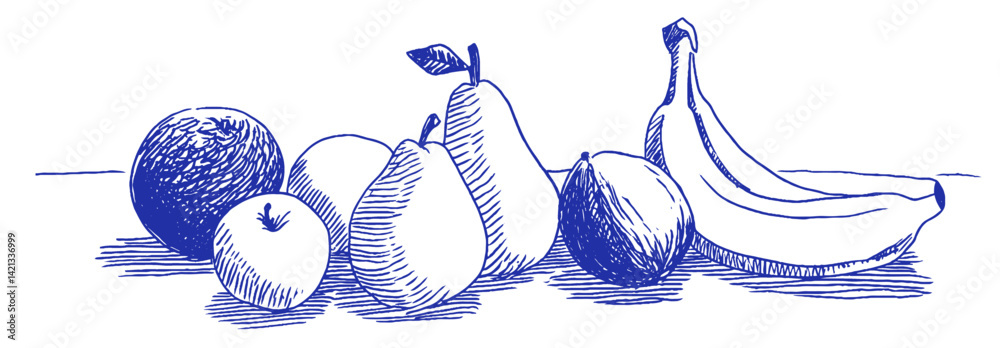 Aufkleber fruit arrangement in whimsical doodle style, showcasing mediterranean elements with odd linear detai
