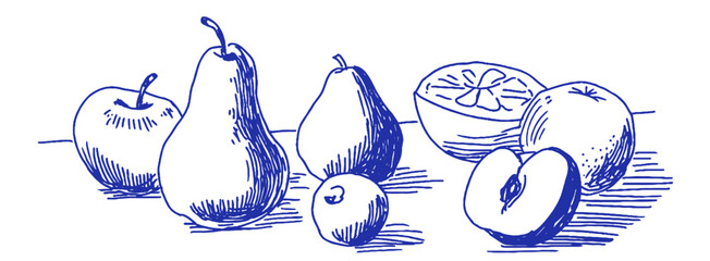 Colorful doodle of various fruits captures a whimsical Mediterranean market vibe in a linear style