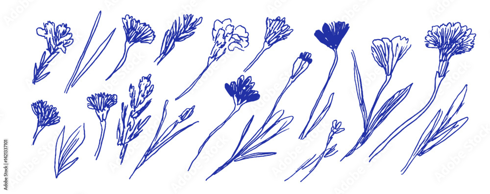 Poster whimsical mediterranean doodles featuring various flower sketches in linear style with a coquette ch