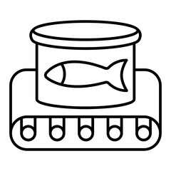 Canned fish on conveyor belt thin line icon, fishery production concept. Vector graphics. Fishing product jar sign on white background, linear style for  mobile or design.