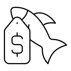 Fish with price tag thin line icon, fishery product concept. Vector graphics. Label, badge on fish sign on white background, linear style for mobile or design.