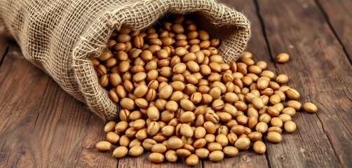 Naklejka premium Burlap sack overflowing with plump pumpkin seeds, spilling onto rustic wood, whole food, ingredient