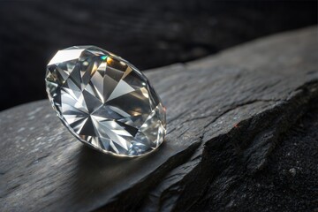 A close-up of a polished diamond placed on a dark stone surface. (Diamond)