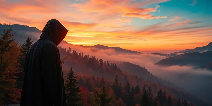 Cloaked figure, misty autumn forest, sunset, mountains,  lone, yellow