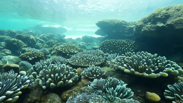 Tilt up video to capture intricate barnacle colonies clinging to rugged rocks in a tidal zone, soft diffused light reveals detailed textures