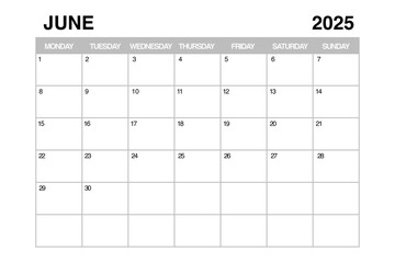 June 2025 Monthly Calendar Planner Template. 3d Rendering