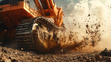 Heavy machinery excavating earth dust cloud