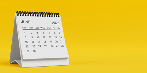 White Desk Monthly June 2025 Business Calendar. 3d Rendering