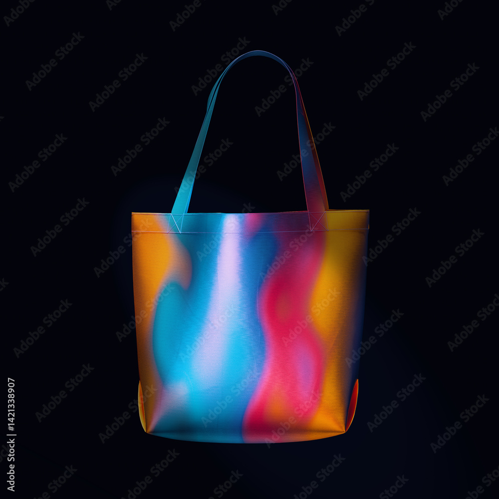 Poster colorful blank textile tote bag mockup template for shopping with handles in neon light. 3d renderin
