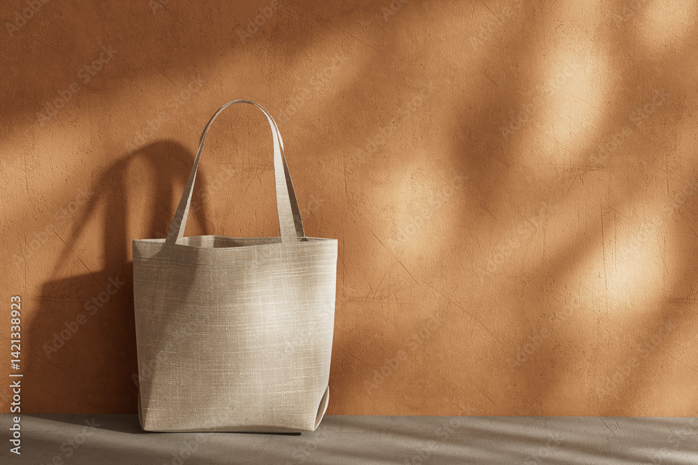 Poster White Textile Tote Bag for Shopping with Handles on Textured Warm Wall Background with Sunlight and Soft Shadows. 3d Rendering