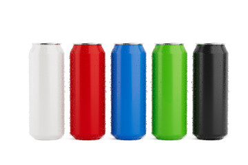 Row of Color 330ml Clean Aluminum Beverage Drink Soda Sleek Cans with Water Drops. 3d Rendering