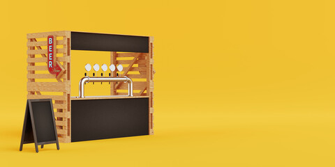 Rustic Vibe Inviting Street Bar Setup. Wooden Beer Booth with Metal Taps and Blank Signage. 3d Rendering
