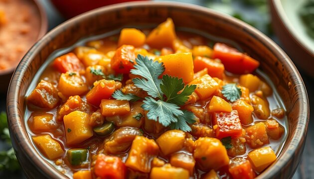Close-up of vibrant mixed vegetable kurma in a bowl, coriander, beans