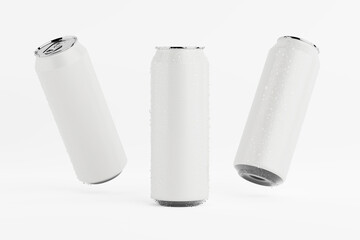 White 330ml Clean Aluminum Beverage Drink Soda Sleek Cans with Water Drops. 3d Rendering