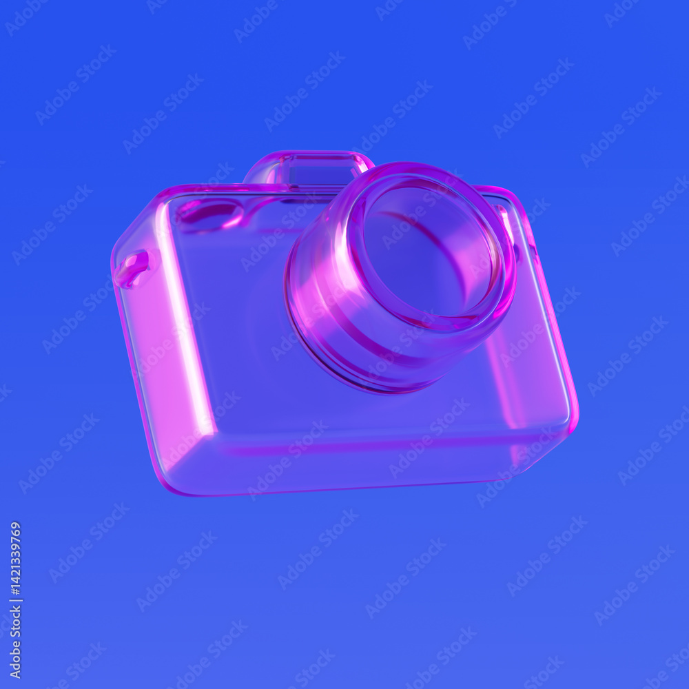 Poster transparent glass digital photo camera icon with iridescent highlights. 3d rendering