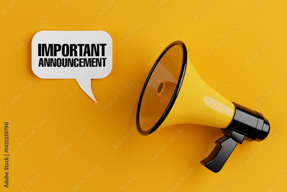 Poster yellow megaphone with important announcement sign speech clouds chat bubble. 3d rendering