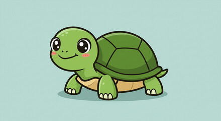 Fototapeta premium Cartoon Turtle Smiling on Light Blue Background, Simple Illustration