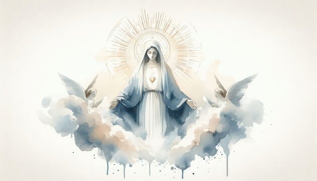 Watercolor painting of virgin mary with angels in heaven religious art illustration