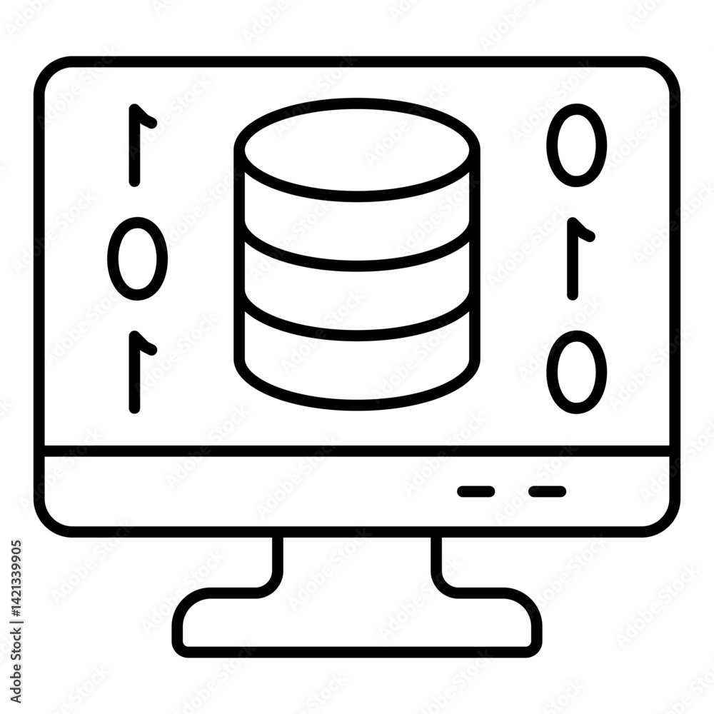 Poster disks on monitor screen thin line icon, data encryption and storage concept. vector graphics. backup