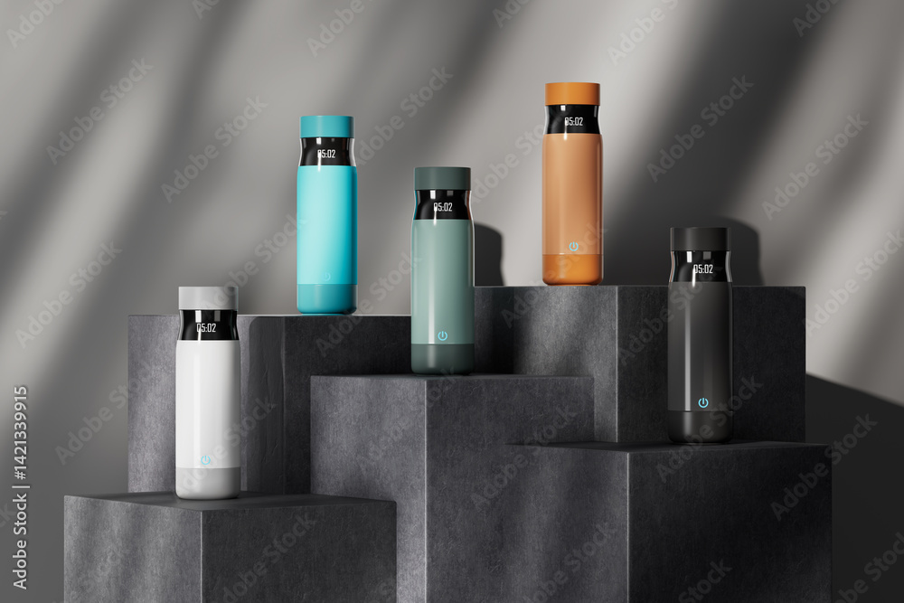 Fototapete Multicolored Modern Smart Thermos Bottles with Timer Indicator and On Sensor Button on a Stone Pedestals. 3d Rendering