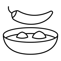 Pepper and thai soup plate thin line icon, thailand fastfood concept. Vector graphics. Thai dish sign on white background, linear style for mobile or design.