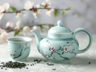 Celadon Tea Set: Hand-Painted Porcelain Teapot and Cup with Floral Design