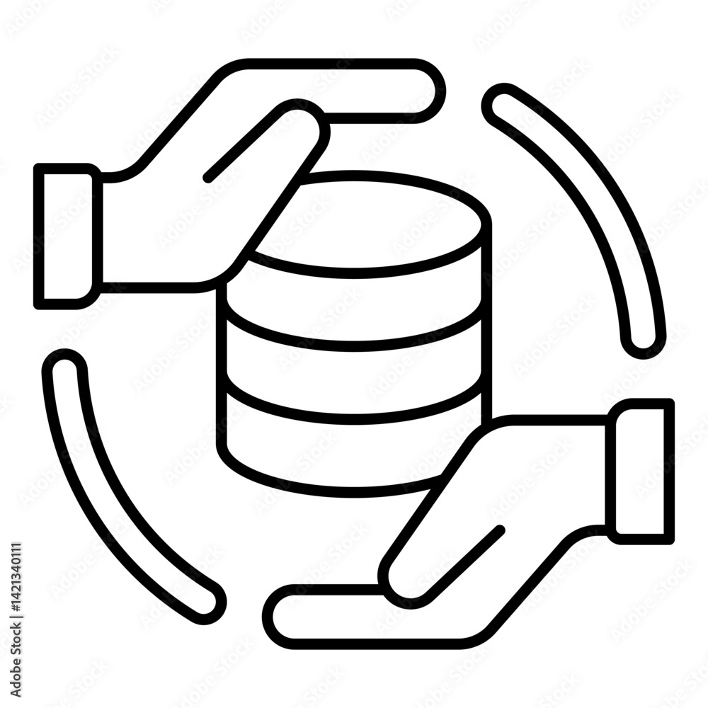 Poster hands with storage array thin line icon, data hoarding concept. vector graphics. hard disks, space s