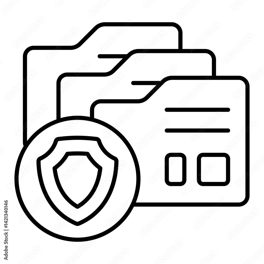 Fototapete Data secure folders thin line icon, protection concept. Vector graphics. Safety shield with file folders, data sign on white background, linear style for mobile or design.