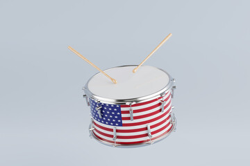 Patriotism, Rhythm, Celebration of Independence Day Concept. Snare Drum with American Flag Pattern and Crossed Wooden Sticks. 3d Rendering