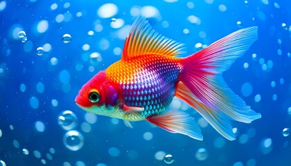 Fototapeta premium Vibrant goldfish swims in blue water bubbles floating around colorful scales and fins shine brightly