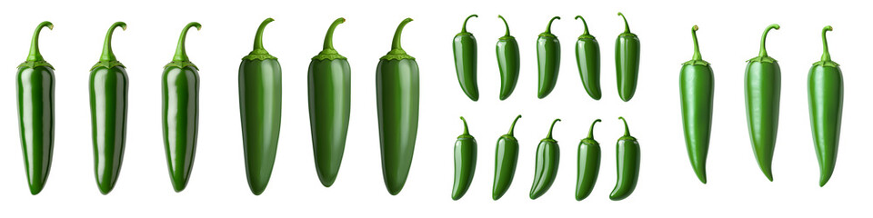 Assorted green chili peppers in a group
