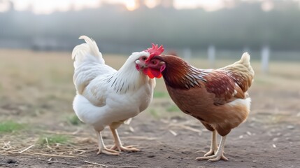 Fototapeta premium Two chickens interacting in natural outdoor setting during daytime