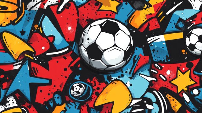 Vibrant graffiti style background features a soccer ball motif