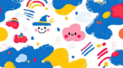 Naklejka premium Whimsical Colorful Abstract Art: Happy Clouds, Rainbow, and Bold Brushstrokes