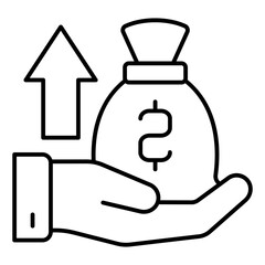 Money bag with arrow on hand thin line icon, bank account concept. Vector graphics. Deposit portfolio growth, profit sign on white background, linear style for mobile or design.