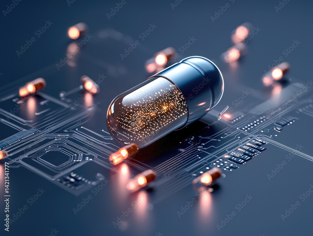 Aufkleber futuristic capsule rests circuit board, illuminated by glowing lights, symbolizing innovation techno