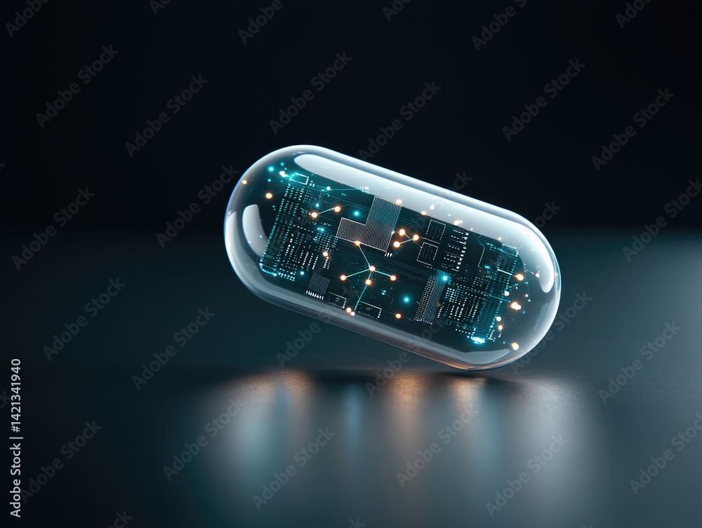 Aufkleber futuristic capsule with transparent exterior, showcasing intricate circuitry and glowing elements in