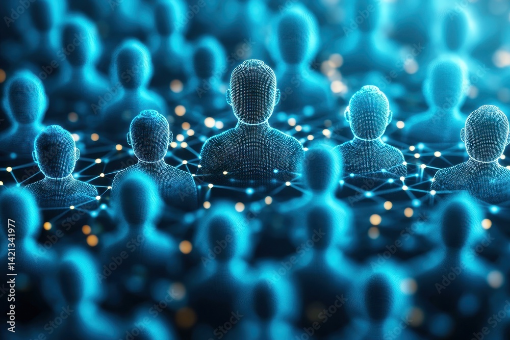 Wall mural digital representation of anonymous people in a networked environment with glowing connections and f
