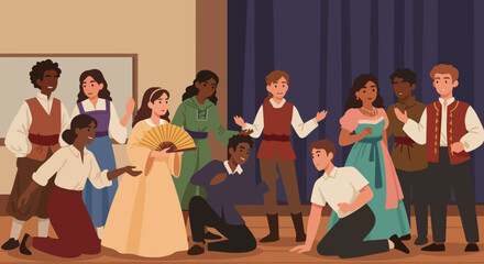 Group of diverse actors performing a play on stage  