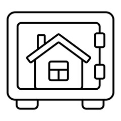 Safe with house inside thin line icon, housing market concept. Vector graphics. Secure deposit box for building, savings sign on white background, linear style for mobile or design.