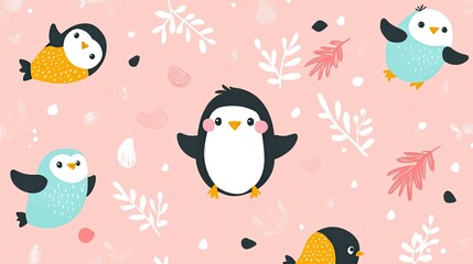 Adorable Penguins Winter Wonderland: Cute Cartoon Penguin Illustration on Pink Background